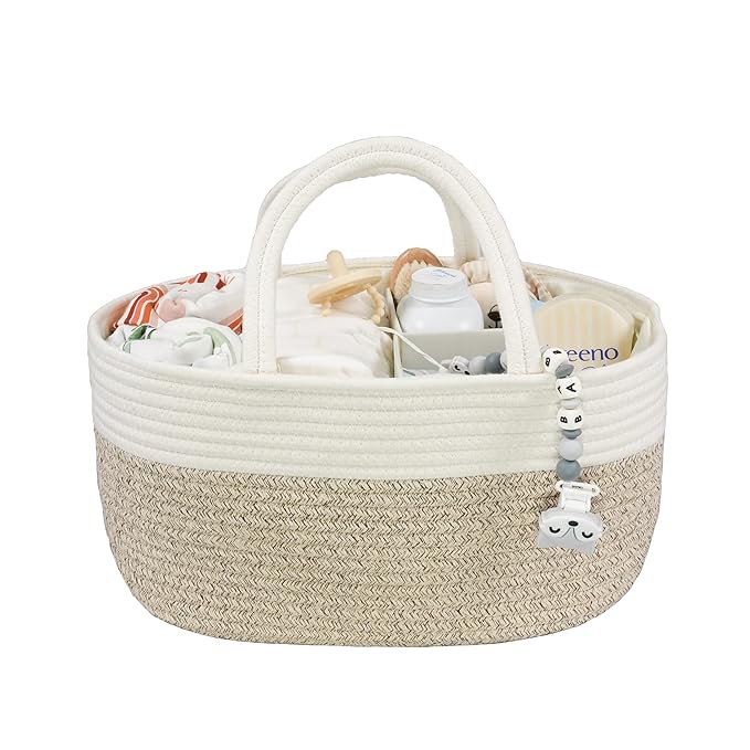Large Baby Diaper Caddy Organizer for Girl Boy Rope Nursery Storage Bin Basket Portable Holder Tote Bag for Changing Table Car Travel Baby Shower Gifts Newborn Registry Must Haves White and Brown-Ruum Studio Home