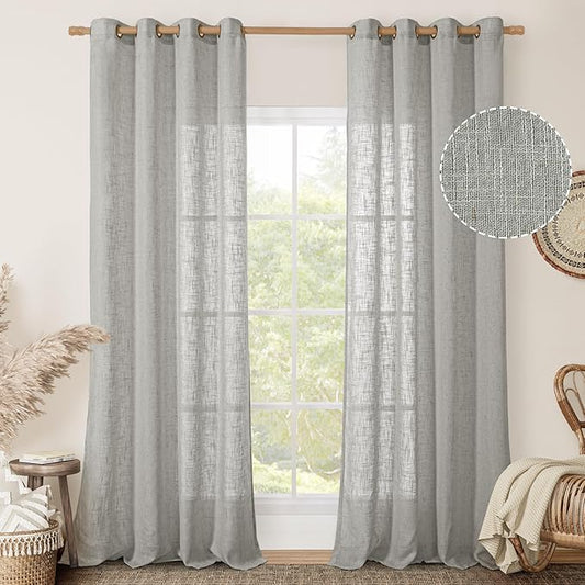 LAMIT Grey Linen Curtains 95 inch for Living Room, Semi Sheer Light Filtering Boho Window Textured Burlap Drapes with Bronze Grommet for Bedroom Farmhouse, 2 Panels Set, 52 x 95 Inch-Ruum Studio Home