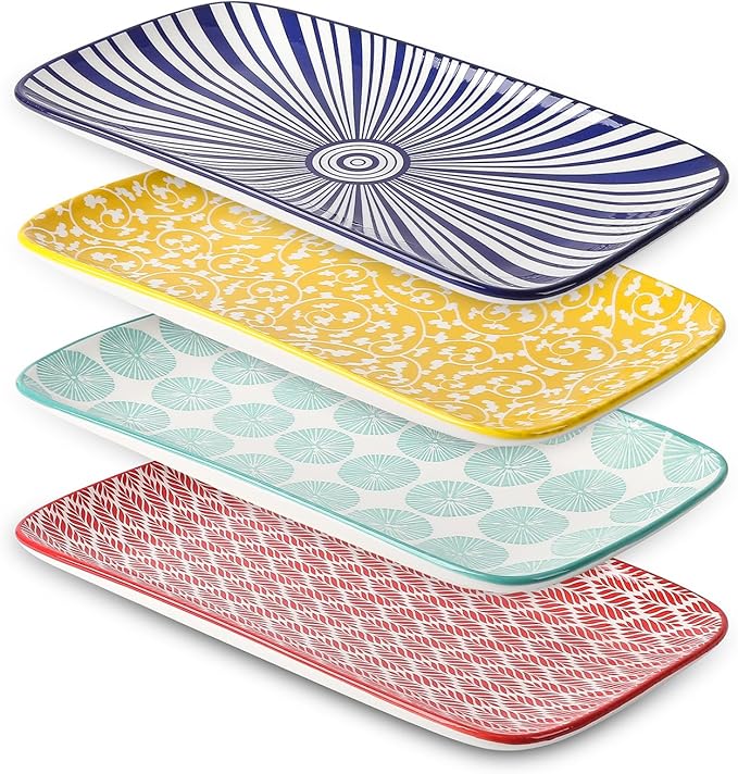 Selamica Ceramic Rectangular Salad Plates Set, Dinner Plate 9.4 Inch Dessert Plates for Party Entertaining, Small Serving Plates for Appetizers, Sushi, Fruit, Set of 4, Assorted Colors-Ruum Studio Home