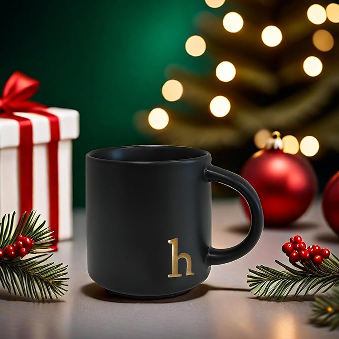 COLLECTIVE HOME - Black Monogram Ceramic Mugs, 15 oz Golden Initial Coffee Cups, Elegant Alphabet Tea Mugs, Personalized Halloween Mug with Gift Box, Perfect for Office and Home Décor (h)-Ruum Studio Home