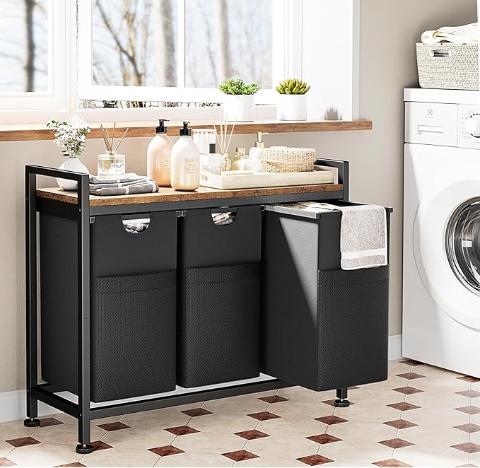 Lulive Laundry Hamper, Laundry Basket Organizer with 3 Pull-Out Removable Bags & Large Top Shelf, 3 × 12.5 Gal (142L) Freestanding Laundry Sorter 3 Sections for Laundry Room, Bathroom and Dorm-Ruum Studio Home