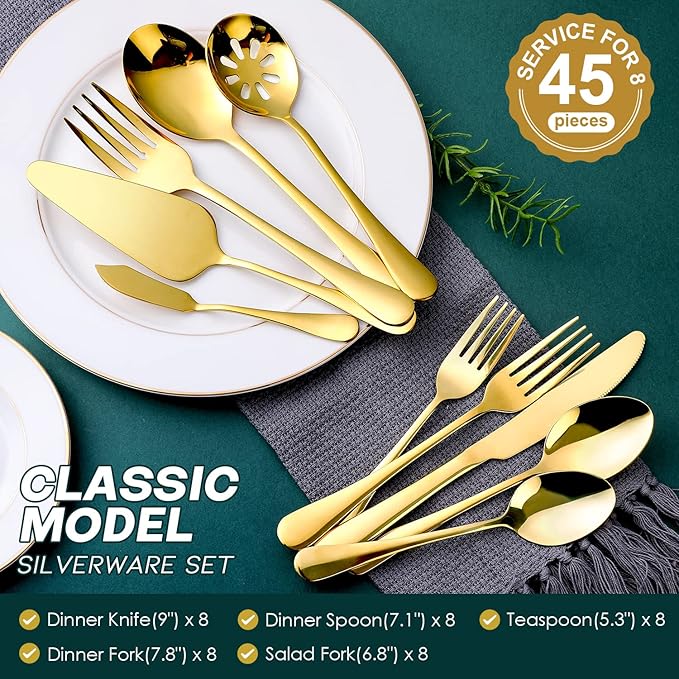Gold Silverware Set for 8, OGORI 45-Piece Stainless Steel Flatware Set with Serving Set, Mirror Polished Cutlery Set with Serving Utensils Spoon for Kitchen Party Supply-Ruum Studio Home