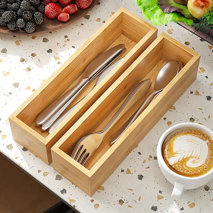 BAMEOS Kitchen Drawer Organizer,Small Silverware Drawer Organizer,Bamboo Utensil Organizer for Bathroom, Dressing Room, Office, Pantry (Natural, 11"x 3") Set of 2-Ruum Studio Home