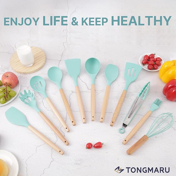 Silicone Cooking Utensils Set, Premium Beech Wood Handle Kitchen Gadgets Utensil Set, Non-Stick Kitchen Utensils Spatula, Tongs, Turner, Whisk, Brush, Spoon, BPA FREE, 446°F Resistant (Mint)-Ruum Studio Home