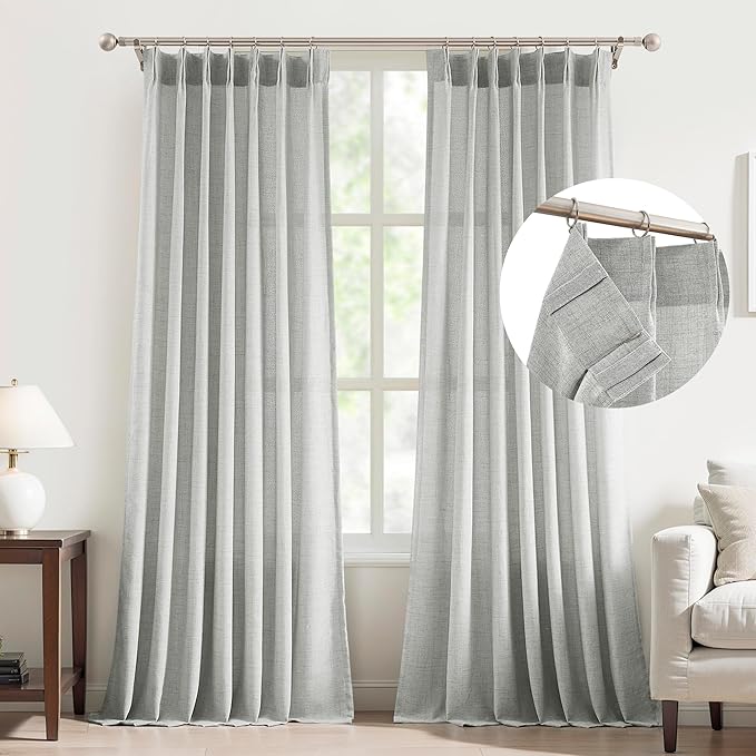 FMFUNCTEX Pinch Pleated Curtains 96 Inches Long for Living Room, Grey Semi Sheer Faux Linen Textured Pleat Drapes for Bedroom with Hooks, Light Filtering Farmhouse Window Drapes 2 Panels-Ruum Studio Home