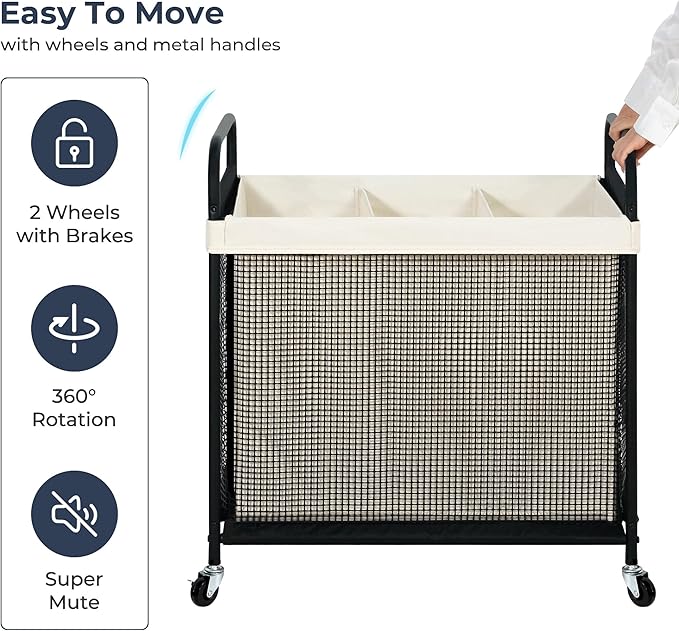 STO STO Laundry Hamper 3 Section, 120L Rolling Laundry Sorter Cart with Removable and Washable Liner Bag, Rolling Clothes Hamper with Metal Handle for Laundry Room and Bedroom-Ruum Studio Home