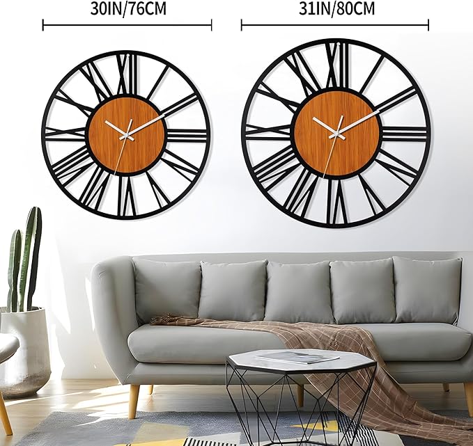LEIKE 30" Oversized Large Wall Clocks,Silent,Non Ticking,Battery Operated Modern Round Big Wood Decorative Metal Wall Clock for Living Room, Bedroom,Kitchen,Farmhouse,Office Decor - Black,30 Inch
