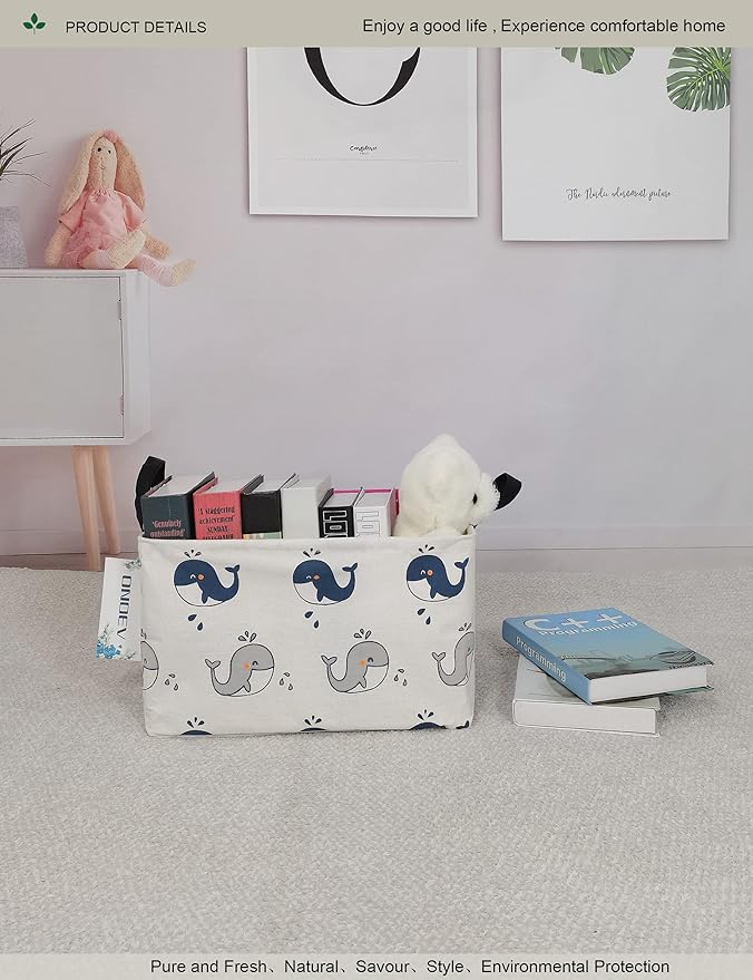 Rectangular Folding Laundry Basket,Canvas Basket,Nersury Hamper,Suitable for Children,Office,Bedroom,Clothes,Toys Storage (REC whale), 14.9’’L ×10.2’’W×9.05’’H inches-Ruum Studio Home