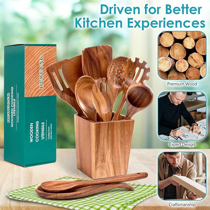 Wooden Spoons for Cooking, Acacia Wood Cooking Utensils Set – 11 Piece Wooden Kitchen Tools with Holder, Spoon Rest, Nonstick Cookware Safe by HOWHONG-Ruum Studio Home