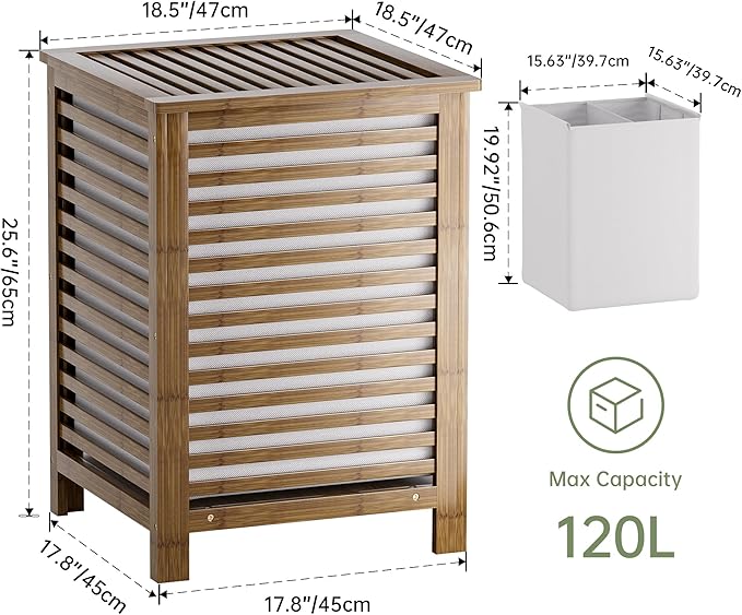 SMIBUY Double Laundry Hamper with Lid, 120L Bamboo Laundry Basket with Removable Liner Bag, 2-Section Clothes Divider Laundry Sorter for Laundry Room, Bathroom, Bedroom (Walnut)-Ruum Studio Home
