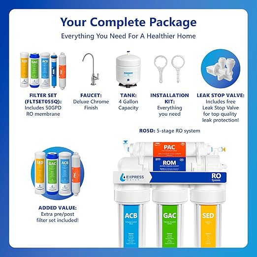 Express Water RO5DX Reverse Osmosis Filtration NSF Certified 5 Stage RO System with Faucet and Tank – Under Sink Water Plus 4 Filters – 50 GPD, 14 x 17 x 5, White-Ruum Studio Home