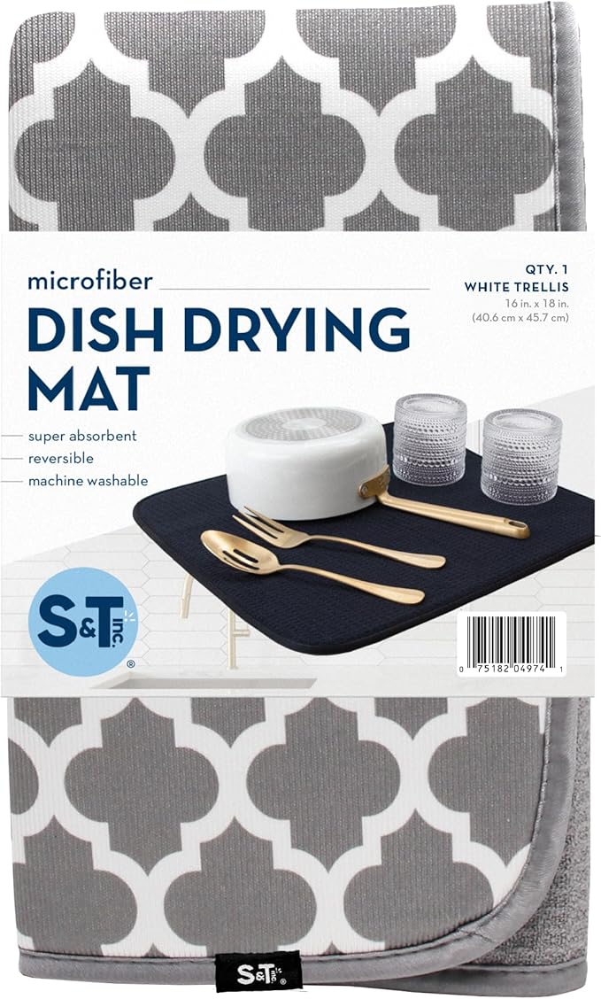 S&T INC. Dish Drying Mat, 16” x 18”, Absorbent Microfiber Kitchen Counter Mat, Dish Drying Pad for Dishes, Utensils, Pots and Pans, Large, White Trellis-Ruum Studio Home