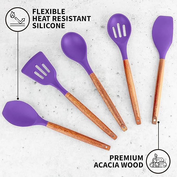Zulay Kitchen Non-Stick Cooking Utensils Set with Authentic Acacia Wood Handles – 5-Piece Durable & Stylish Silicone Kitchen Utensils Set – Heat Resistant to 464°F – Purple-Ruum Studio Home