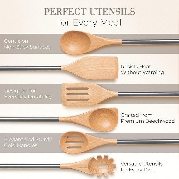 STYLED SETTINGS Wood Cooking Utensils Set with Stainless Steel Handles – 6-PC Durable Wooden Spoons for Cooking, Serving, & Mixing – Kitchen Utensils Set for Nonstick Cookware, Great for Gifting-Ruum Studio Home