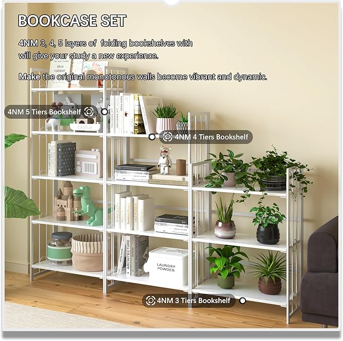 4NM No Assembly 5 Tiers Folding Bookshelf, 59.4" H Foldable Storage Shelves Vintage Bookcase Standing Racks Study Organizer Home Office - All White-Ruum Studio Home