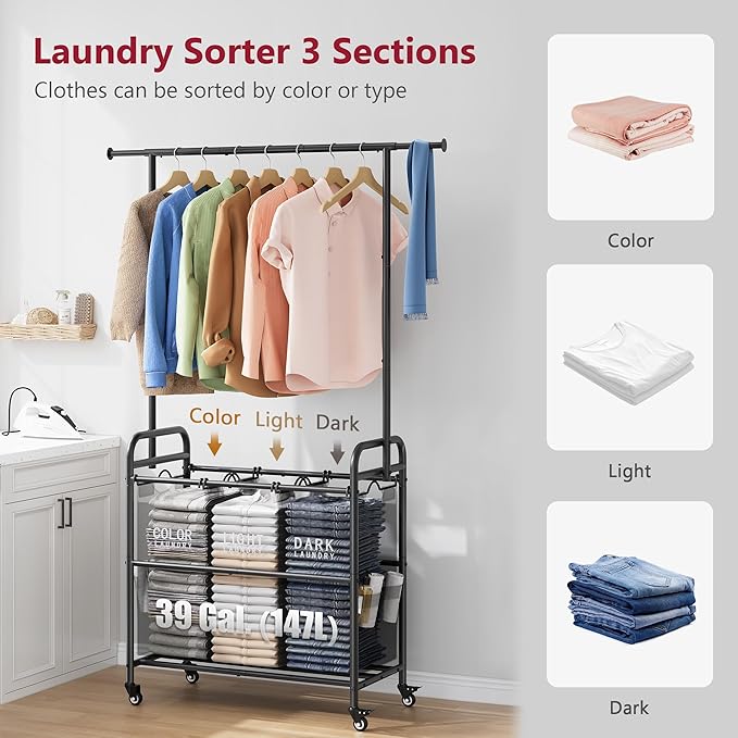 Tajsoon Laundry Sorter Cart with Hanging Rack, Laundry Sorter 3 Section, Laundry Hamper with Heavy Duty Rolling Lockable Wheels, Black-Ruum Studio Home
