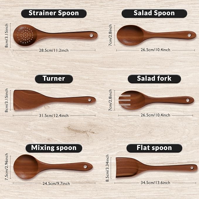 6-Piece Acacia Wood Cooking Utensil Set – Wooden Kitchen Pan Toolset for Nonstick Cookware – Includes Spoons & Spatulas – Non-Scratch, Eco-Friendly Cooking Tools – Everyday Use - Lifetime Replacements-Ruum Studio Home