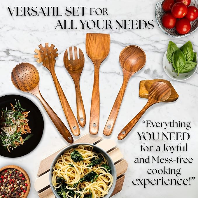 Wooden Spoons for Cooking - 8 Piece Natural Teak Kitchen Utensil Set Non Toxic - Teak Wooden Utensils with Spoon Rest and Holder-Ruum Studio Home