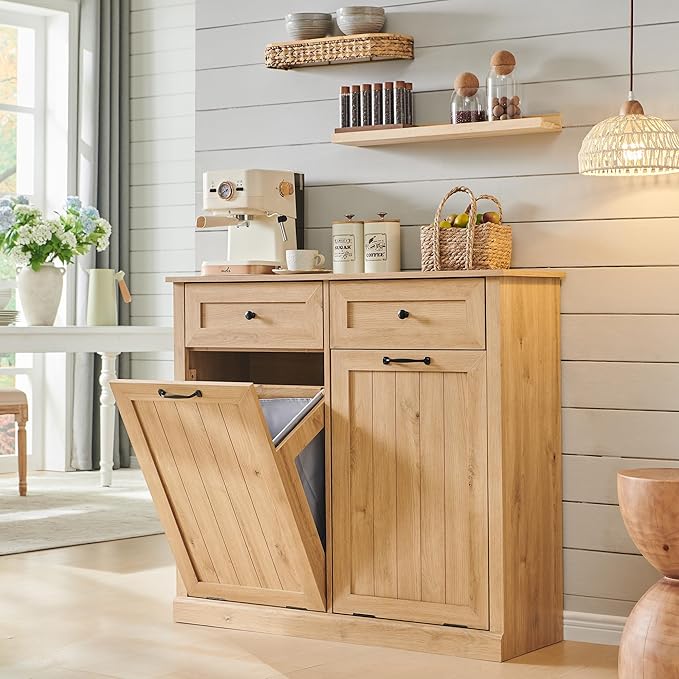 Double Tilt Out Laundry Hamper Cabinet, 20 Gallon Farmhouse Trash Can Cabinet with Drawer, Hidden Wood Garbage Can Bin Cabinets with Laundry Storage Basket for Bathroom, Kitchen (Natural)-Ruum Studio Home