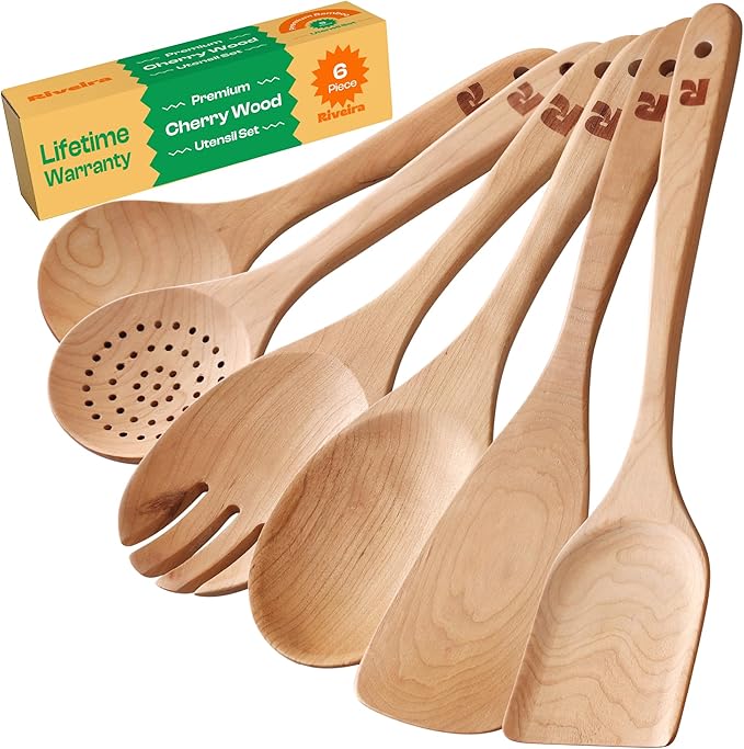 Riveira Cherry Wooden Spoons for Cooking Set of 6 – Natural Cherry Wood Cooking Utensils, Wooden Spatula, Wooden Spoon - Premium Quality Wooden Utensil Set for Non-Toxic Cooking-Ruum Studio Home