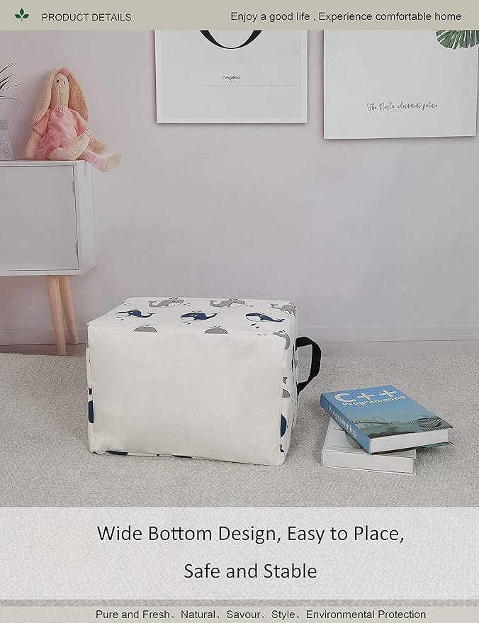 Rectangular Folding Laundry Basket,Canvas Basket,Nersury Hamper,Suitable for Children,Office,Bedroom,Clothes,Toys Storage (REC whale), 14.9’’L ×10.2’’W×9.05’’H inches-Ruum Studio Home