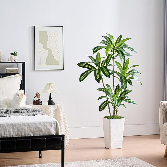 Artificial Dracaena Tree Artificial Silk Tree Faux Tree Fake Tropical Yucca Floor Plant with White Tall Planter (1, White Tall Planter, 5FT)-Ruum Studio Home