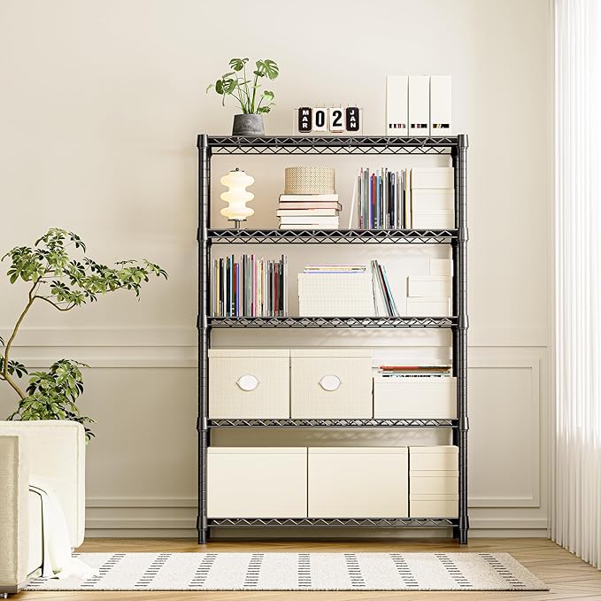 IZEUK 5-Tier Heavy Duty Metal Storage Shelving Unit (Black, 17.7" D x 47.2" W x 72.3" H, 1750 lbs Capacity), Adjustable Steel Wire Rack Shelf Organizer for Garage, Kitchen, Basement, Laundry, Office-Ruum Studio Home