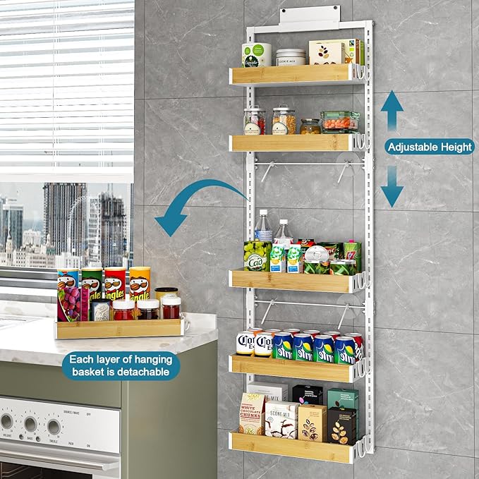 bukfen Over the Door Pantry Organizer 6-Tier Adjustable Basket Kitchen Pantry Door Organization and Storage, 2 in 1 Wall Mount or Hanging Heavy-Duty Metal Hanging Kitchen Spice Rack,White Bamboo Color-Ruum Studio Home