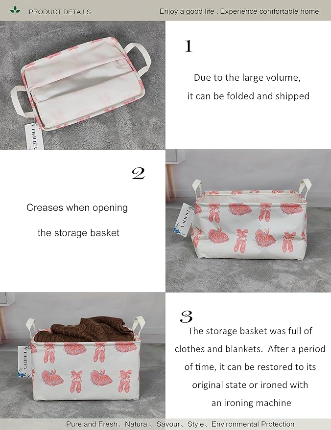 Rectangular Folding Laundry Basket,waterproof Canvas Basket,gift basket,Suitable for children's room,Office,Clothes,Toys Storage(Pink lace dance shoes)-Ruum Studio Home
