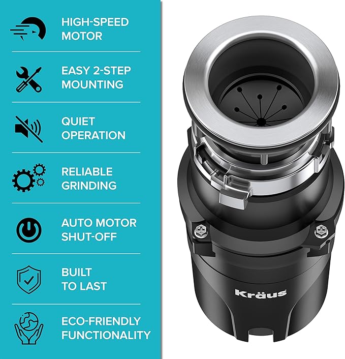 KRAUS WasteGuard 1/3 HP Ultra-Quiet Garbage Disposal with Quick Connect, Kitchen Sink Drain Cover, Power Cord and Flange Included, KWD100-33MBL-Ruum Studio Home
