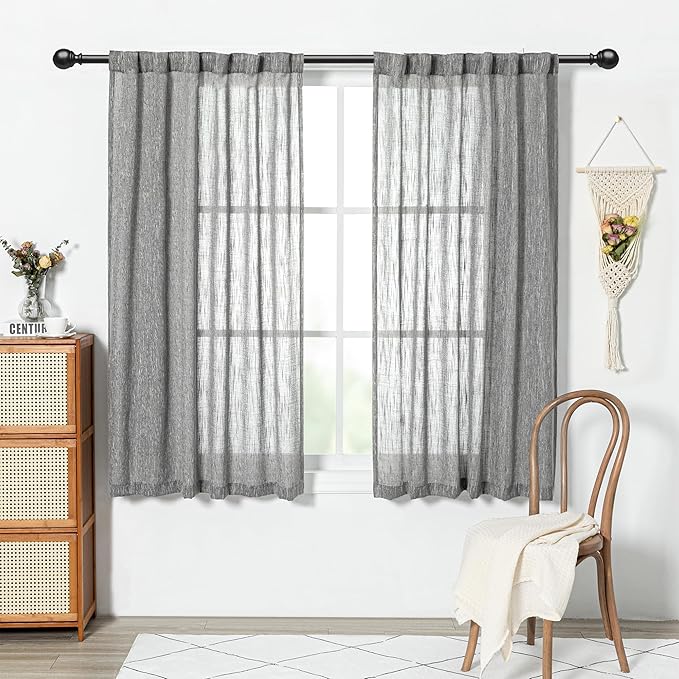 MYSKY HOME Sheer Curtains for Bedroom, Kitchen Curtain Panels Cotton Polyester Blend Fabric Linen Look Texture Light Filtering Privacy Drapes, Farmhouse Home Decor, 50" x 63", Dark Grey, 2 Pieces-Ruum Studio Home