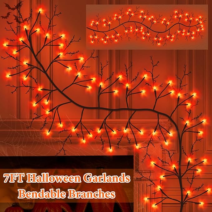7 Ft Halloween Decorations Willow Vine Twig Garland with 8 Modes Timer 63 LED Orange Lights, Halloween Garland with Waterproof Battery Operated for Wall Fireplace Decorations Indoor Outdoor-Ruum Studio Home