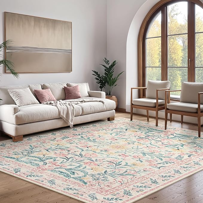 Wonnitar Floral Large Rugs for Living Room, Soft Light Pink Rug Washable 9x12 Carpet Non Slip, Boho Foldable Non-Shedding Kids Carpet for Bedroom Girls Nursery Dorm Playroom-Ruum Studio Home