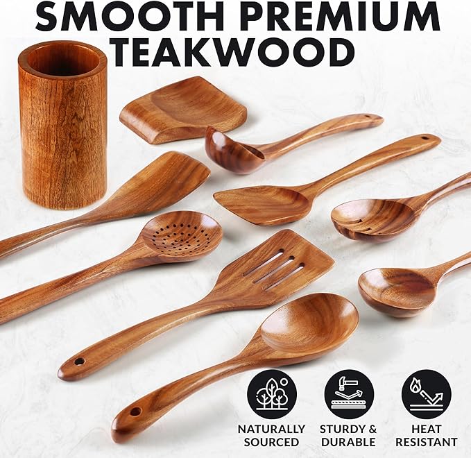 Zulay Kitchen 10-Piece Wooden Spoons for Cooking - Smooth Finish Teak Wooden Utensils for Cooking - Soft Comfort-Grip Wood Spoons for Cooking - Non-Stick Wooden Cooking Utensils - Wooden Spoon Sets-Ruum Studio Home