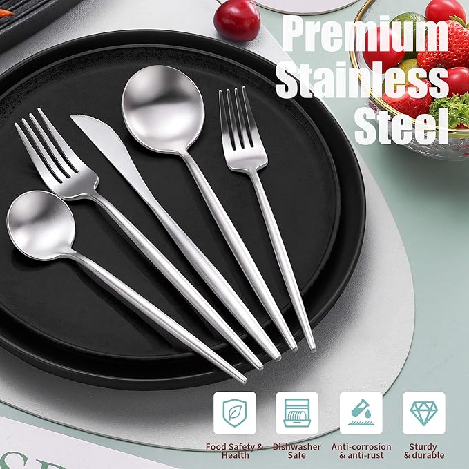 Matte Silverware Set for 8,Modern Stainless Steel Brushed Cutlery Set,40-Pieces Heavy Duty Flatware Set,Knives Spoons and Forks Set Utensils Set, Satin Finish, Dishwasher Safe-Ruum Studio Home
