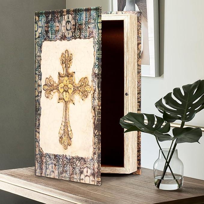 Vintage Style Wooden Decorative Book Box - Faux Leather, Christian Cross Pattern, Gift Idea-Ruum Studio Home
