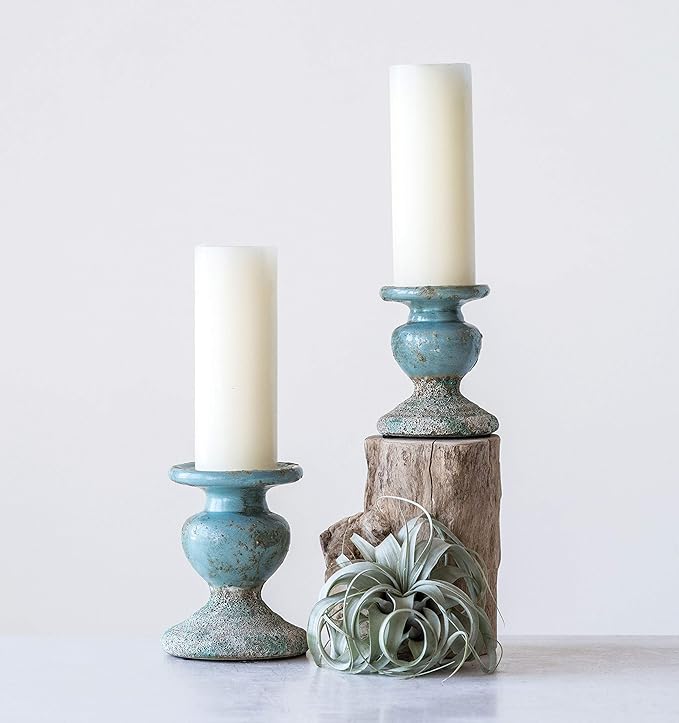 Creative Co-Op Small Distressed Blue Terracotta Pillar Candle Holder-Ruum Studio Home