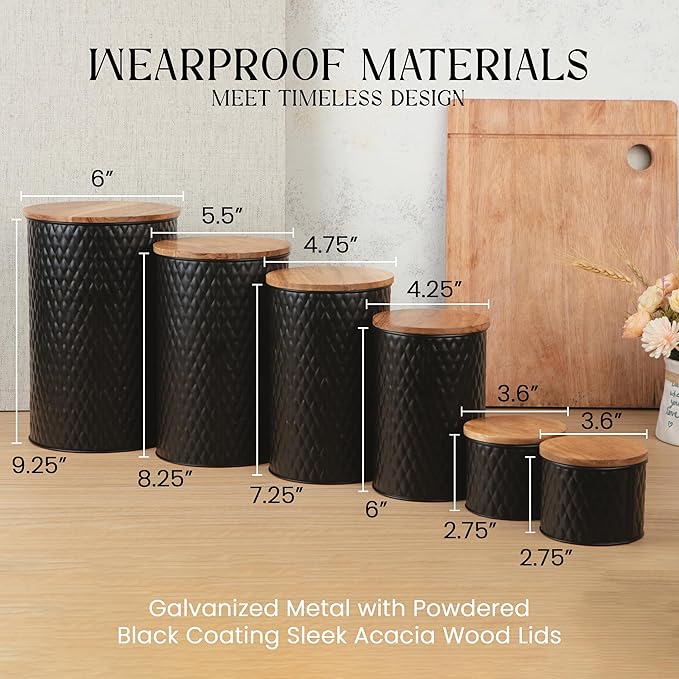 6 Canister Set for the Kitchen Countertop – Metal Food Storage Canisters with Airtight Lids for Flour, Tea, Crafts, Coffee, & Sugar – Container Set with Modern Wood Lids, Black-Ruum Studio Home