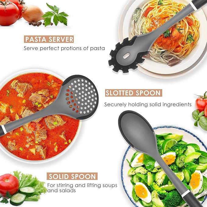Kitchen Cooking Utensils Set, Non-Stick Spatula Set with Rotating Stand, 6 PCS Silicone Utensils Set for Cooking, 400°F Heat Resistant, Kitchen Gadgets with Nylon Handle & Stable Holder, Dark Grey-Ruum Studio Home