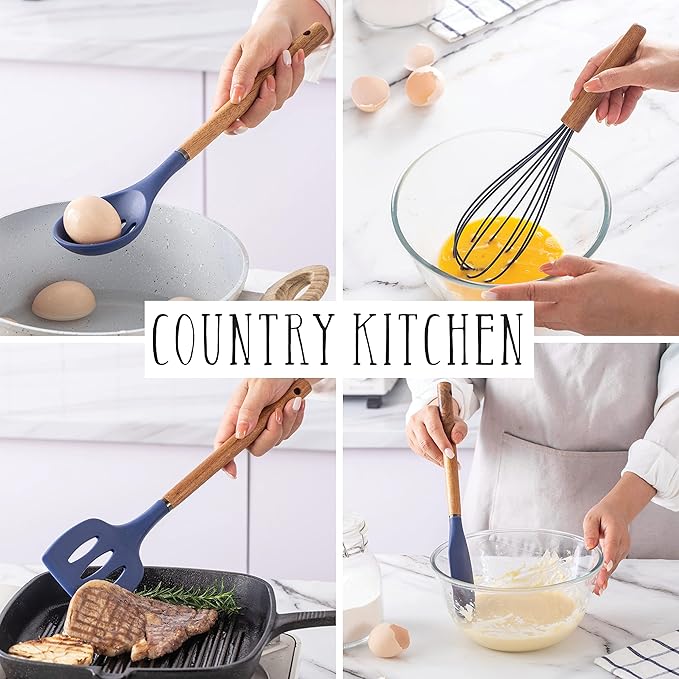 Country Kitchen Non Stick Silicone Utensil Set with Rounded Wood Handles for Cooking and Baking, 8 Piece Set, Navy-Ruum Studio Home