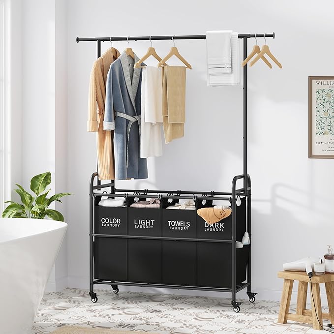 Tajsoon Laundry Sorter Cart with Hanging Clothes Rack, 4 Butler Sorter Basket Organizer, Laundry Hamper Cart with Heavy Duty Rolling Lockable Wheels, Black-Ruum Studio Home