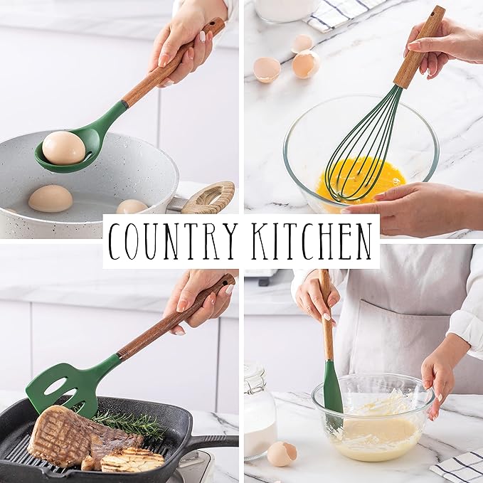 Country Kitchen Non Stick Silicone Utensil Set with Rounded Wood Handles for Cooking and Baking, 8 Piece Set, Green-Ruum Studio Home