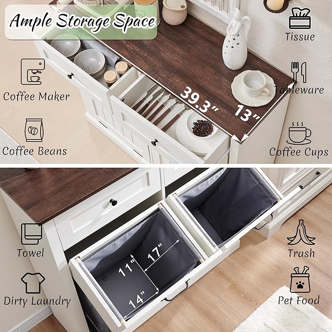 Double Tilt Out Laundry Hamper Cabinet, 20 Gallon Farmhouse Trash Can Cabinet with Drawer, Hidden Wood Garbage Can Bin Cabinets with Laundry Storage Basket for Bathroom, Kitchen (Antique White)-Ruum Studio Home