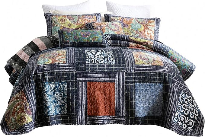 NEWLAKE Cotton Patchwork Bedspread, 3-Piece Bedding Quilt Set with Real Stitched Embroidery, Reversible Matelasse Bed Coverlet Set,Vintage Flowery Grid,Queen Size-Ruum Studio Home