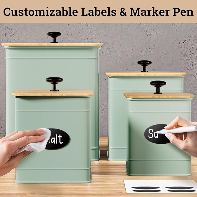 Kitchen Canisters for Countertop Set of 4 with Customizable Chalkboard Labels & Marker Pen - Big Iron Kitchen Canisters with Airtight Lids - Sage Green Canister Set - Flour and Sugar Containers-Ruum Studio Home