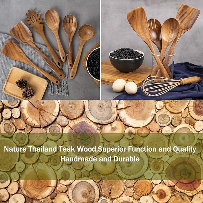AIUHI 10 Pack Wooden Spoons for Cooking, Teak Wood Kitchen Utensils Set for Non Stick Use, Spatula Set for Stirring, Baking, Non Stick Wooden Utensils for Kitchen-Ruum Studio Home