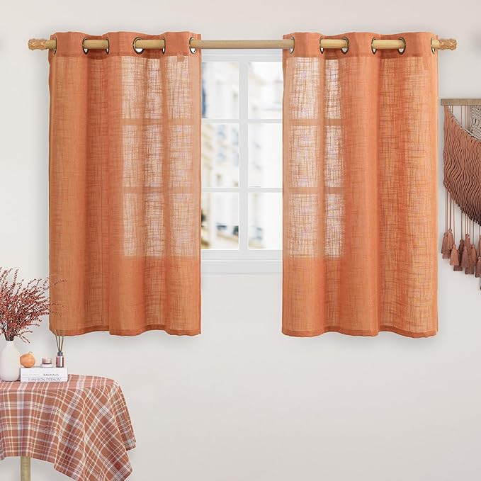 LAMIT Orange Linen Curtains 54 Inch Length, Semi Sheer Light Filtering Panels Bronze Grommet Rust Country Decor Drapes for Bedroom/Living Room, Burnt Orange, 2 Panels, 34 x 54 Inch-Ruum Studio Home