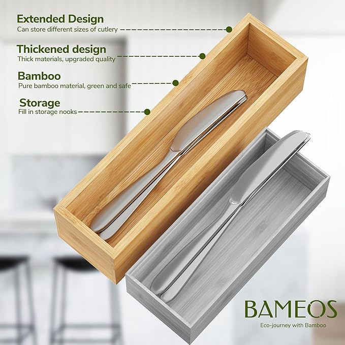 BAMEOS Kitchen Drawer Organizer,Small Silverware Drawer Organizer,Bamboo Utensil Organizer for Bathroom, Dressing Room, Office, Pantry (Natural, 11"x 3") Set of 2-Ruum Studio Home