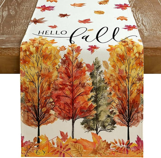 GEEORY Fall Watercolor Trees & Maple Leaves Table Runner 13x72 Inch, Rustic Farmhouse Autumn Thanksgiving Decor for Kitchen, Dining, Indoor/Outdoor Holiday Dinner Party Orange Red GT160-72-Ruum Studio Home