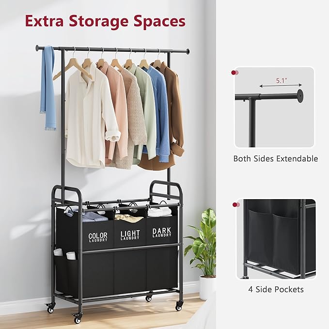 Tajsoon Laundry Sorter Cart with Hanging Rack, Laundry Sorter 3 Section, Laundry Hamper with Heavy Duty Rolling Lockable Wheels, Black-Ruum Studio Home